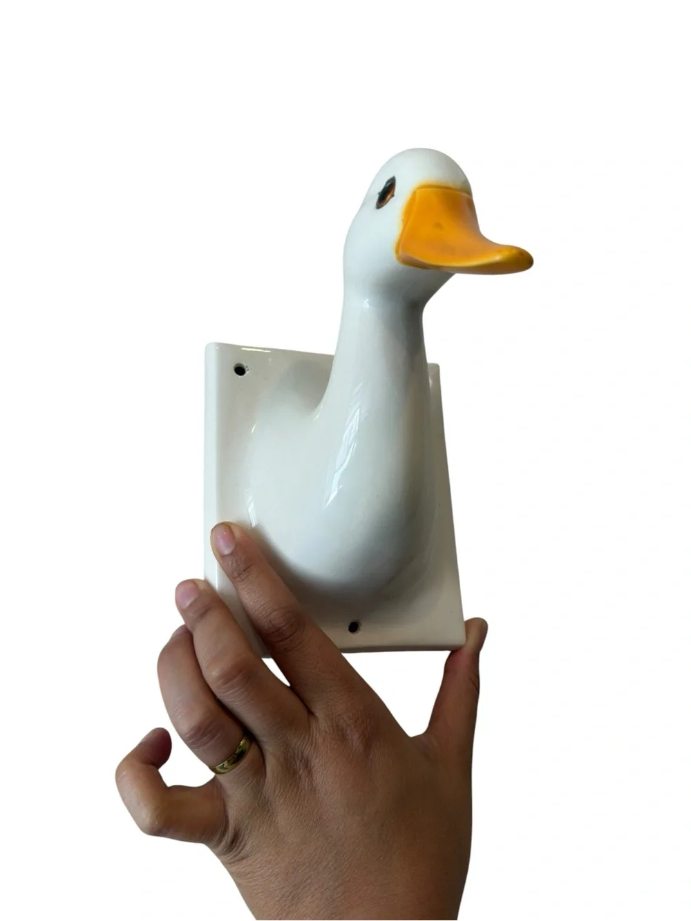 White Ceramic Duck Goose Wall‎ Hook with Yellow Beak - Vintage Decorative Hanger